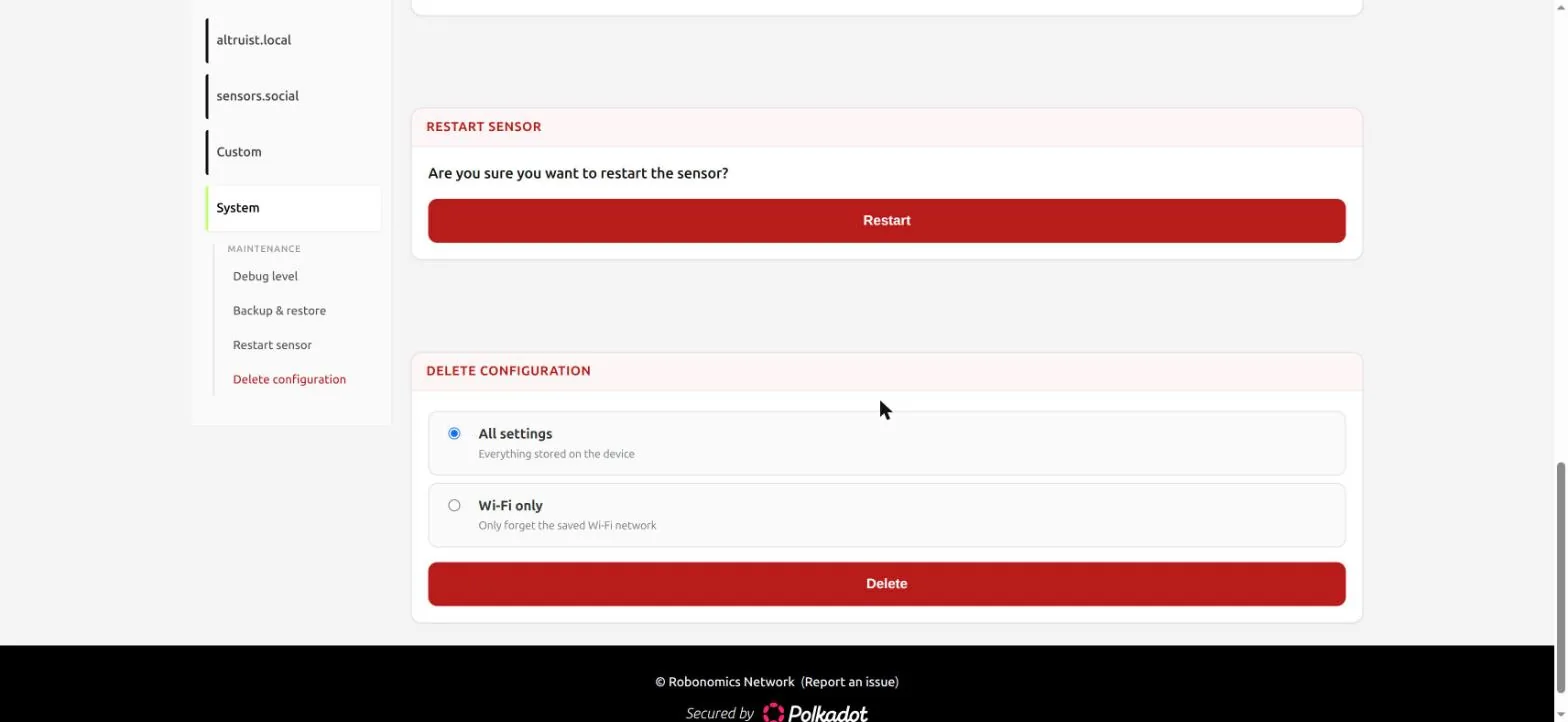 Delete configuration with All settings preselected