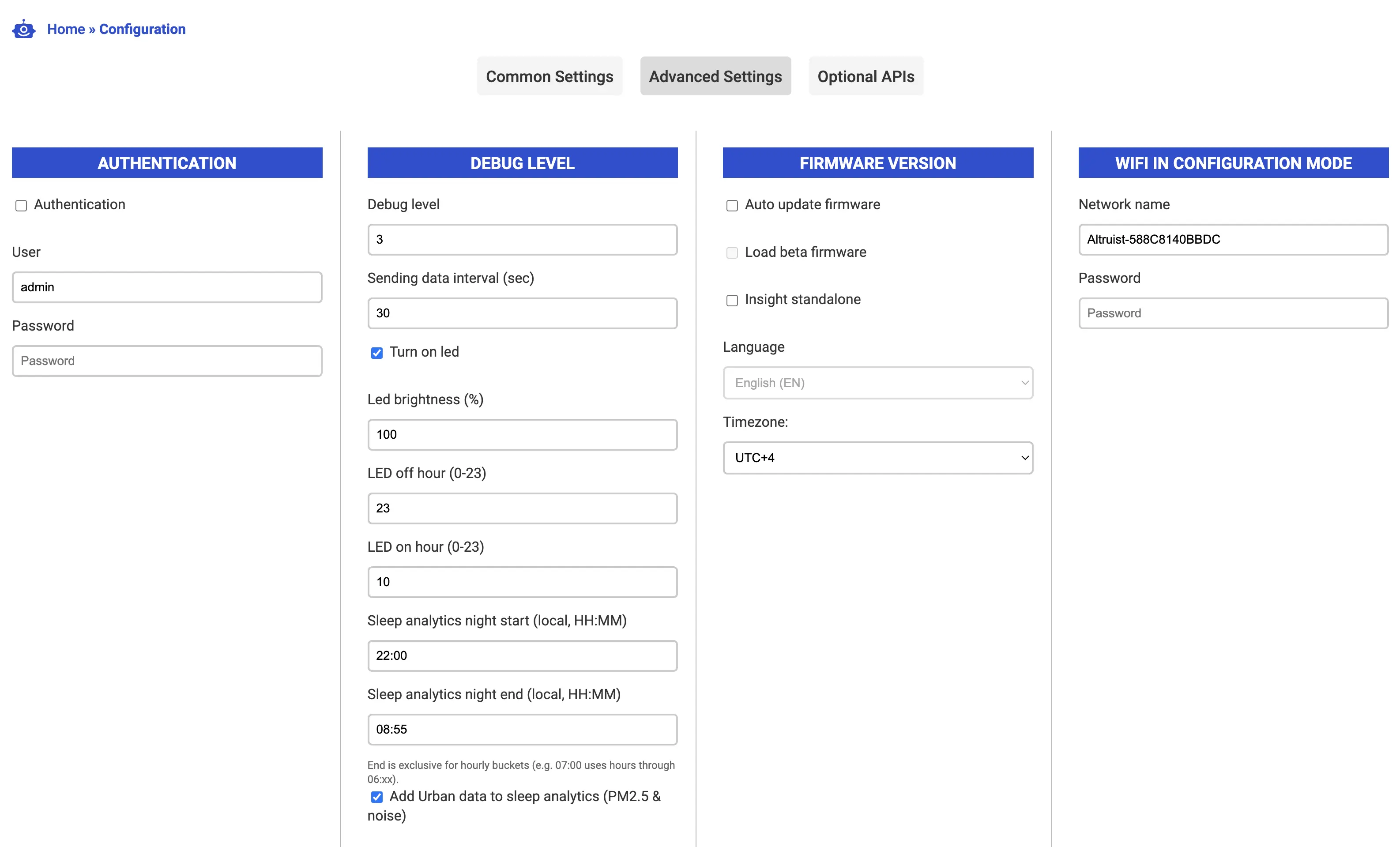 Altruist insight web-interface with night analytics configuration