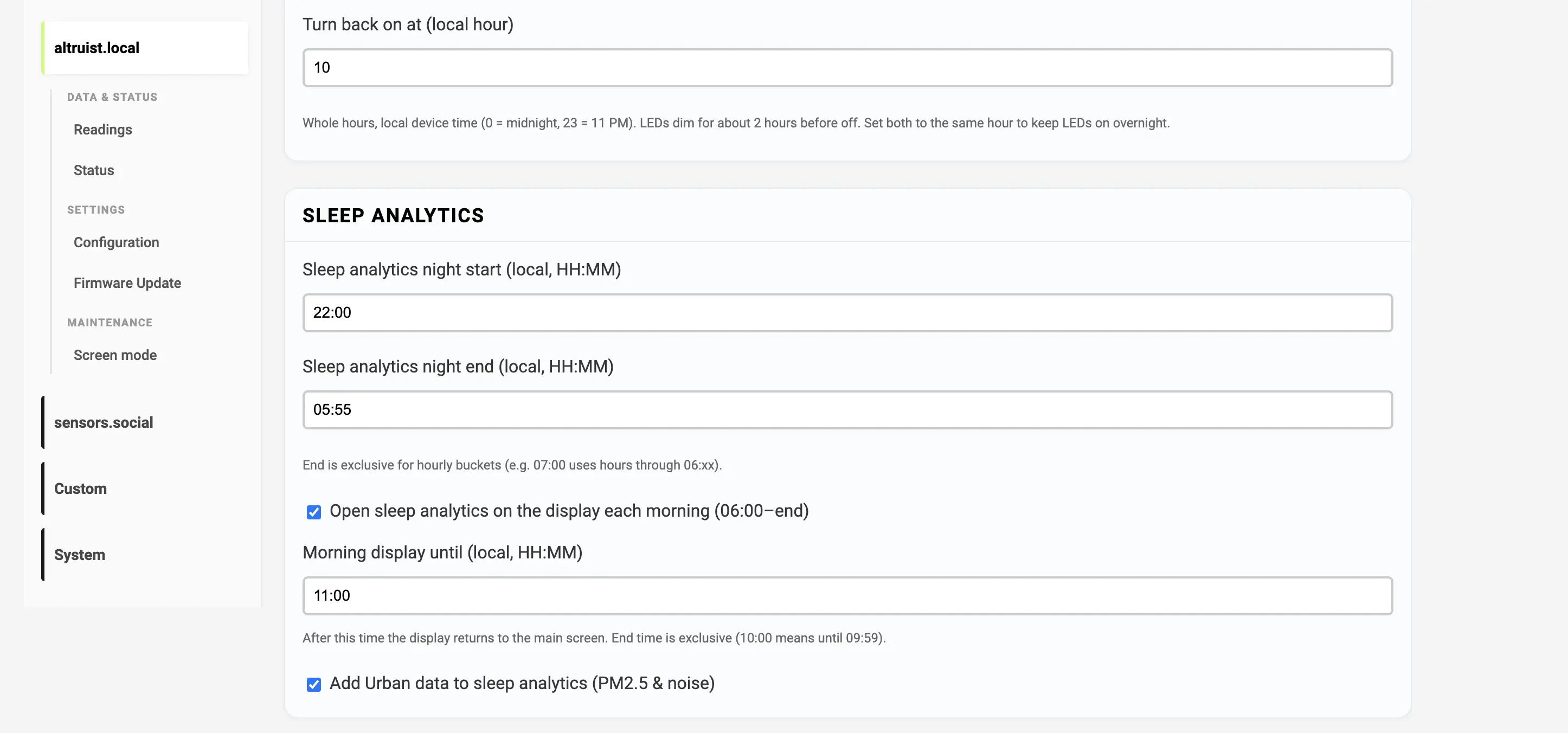 Altruist insight web-interface with night analytics configuration