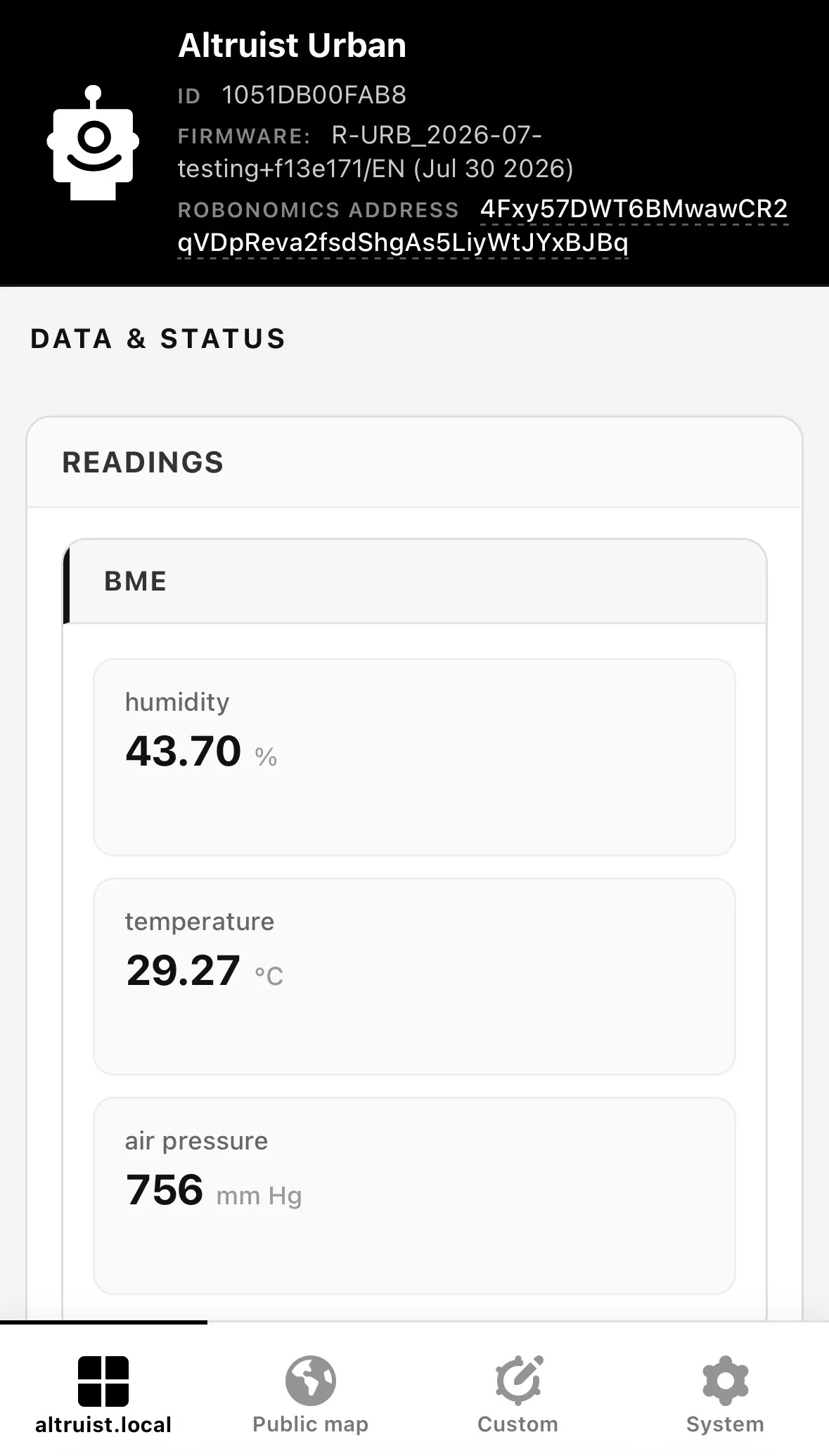 Mobile hub, Local tab with readings