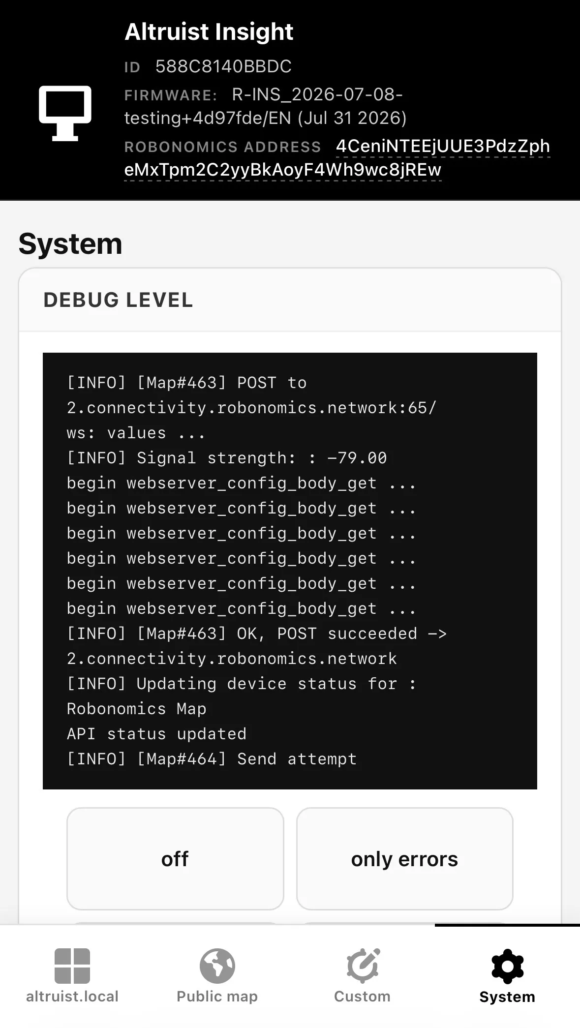 Mobile hub, System tab with readings