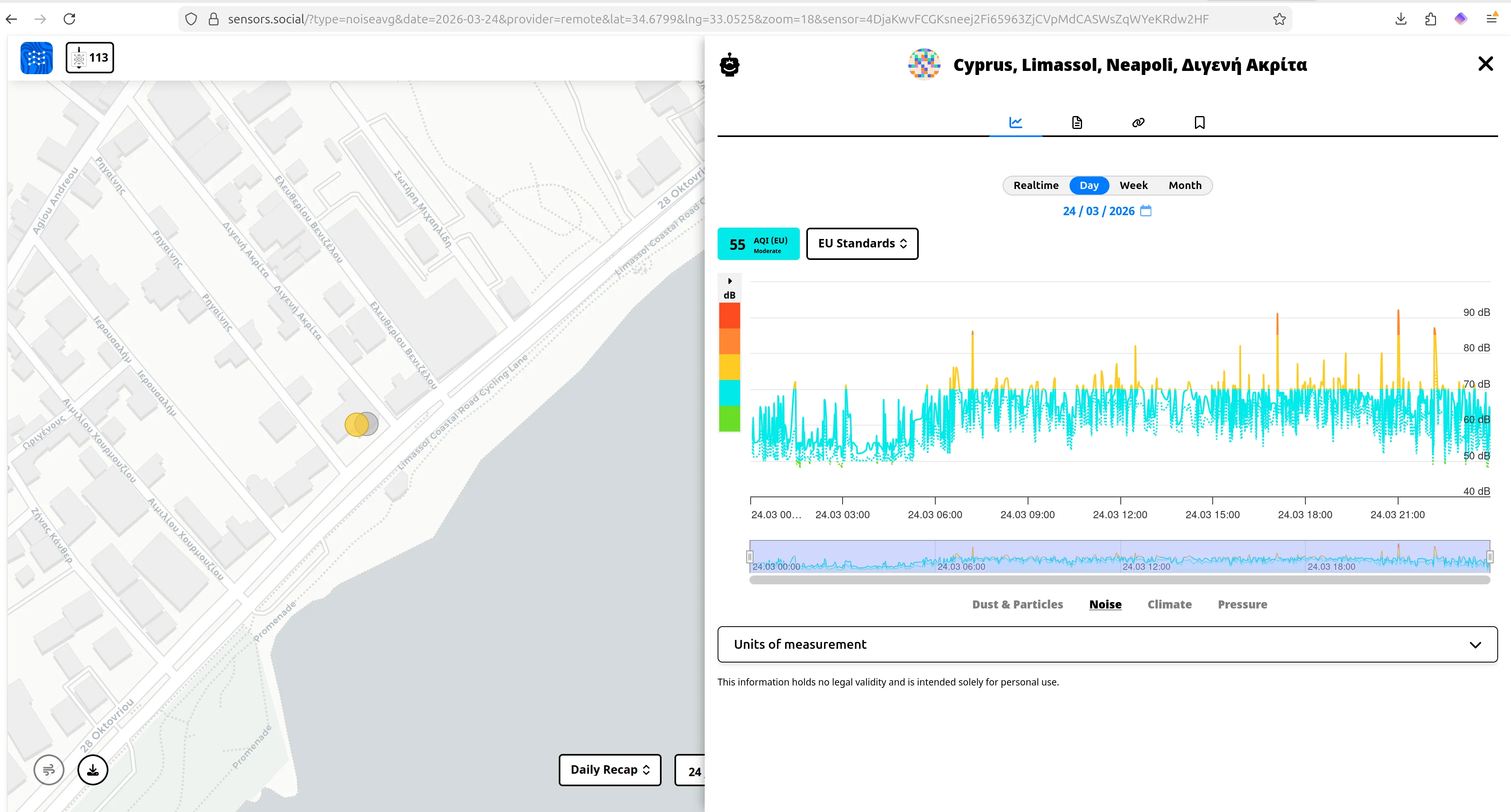 Noise data from Neapoli, Limassol — peaks above 90 dB